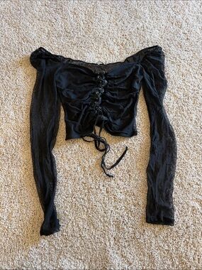 Charlotte Russe Black Off-Shoulder Lace-Up Long Sleeve Crop Top